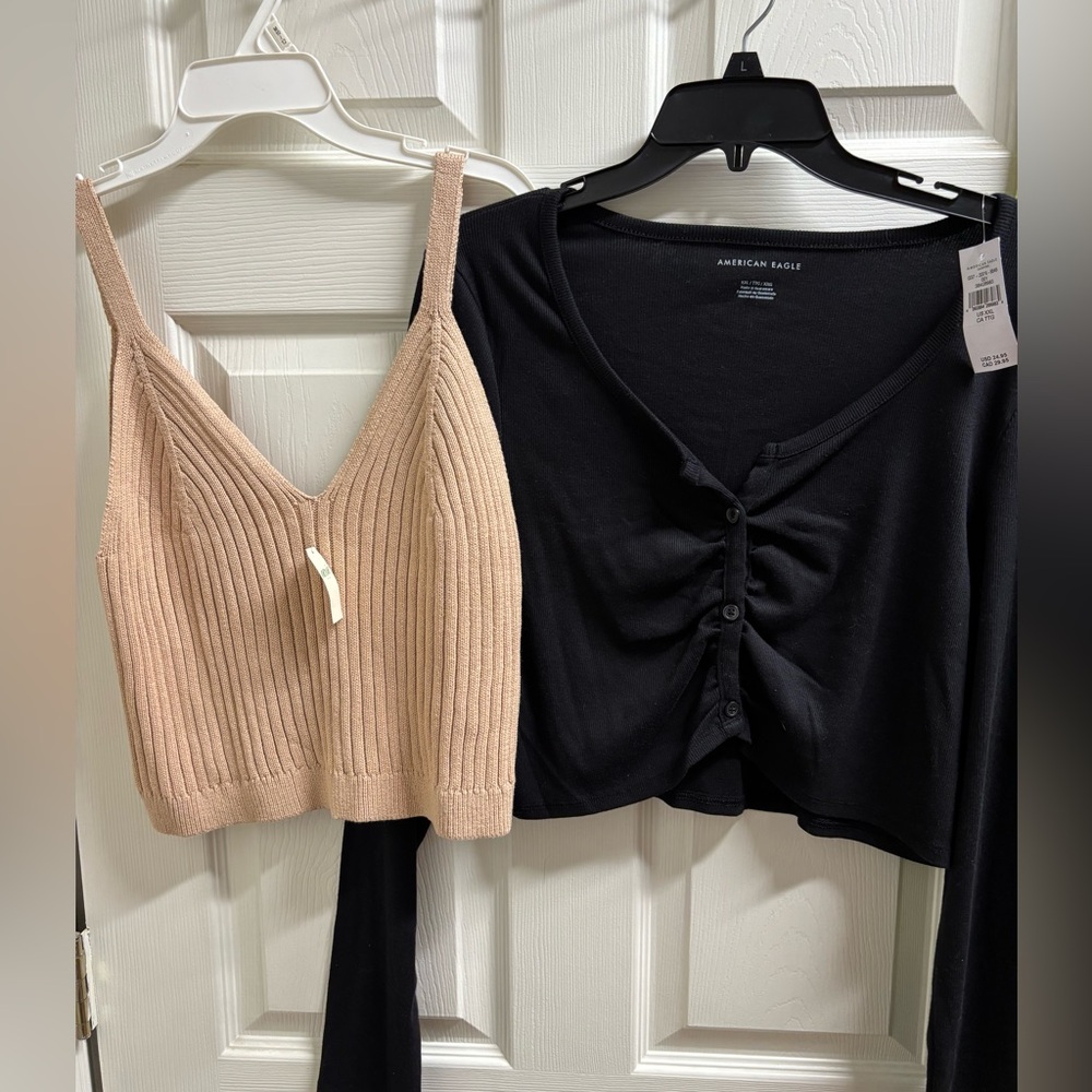 NWT Aerie Tan Ribbed Cropped Tank & American Eagle Black Ribbed Tee Bundle XXL - Picture 10 of 10